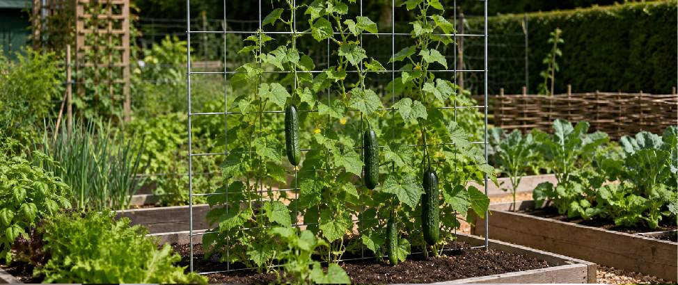 een plantenklimrek in een moestuin