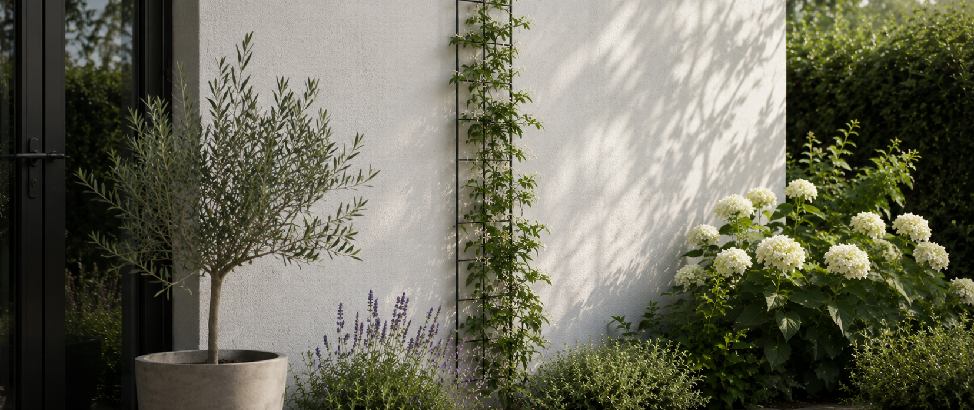 Een smal en hoog plantenklimrek tegen een witte muur geplaatst