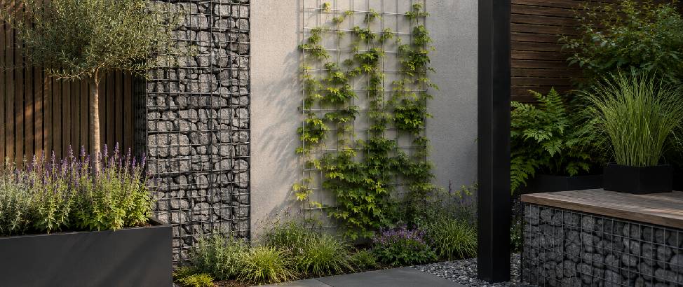Een trellis met klimplant gecombineerd met schanskorven, hout en steen