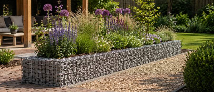 Een verhoogde border in de vorm van een schanskorven plantenbak in een tuin