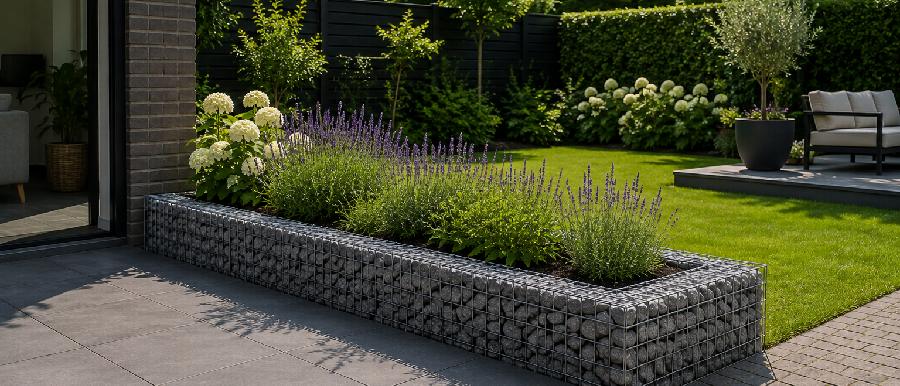 Een schanskorven plantenbak in een moderne tuin
